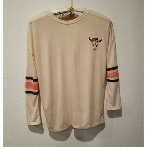 Mighty Fine Womens XS Western Cow Skull Floral 3/4 Sleeve T-Shirt Beige Casual